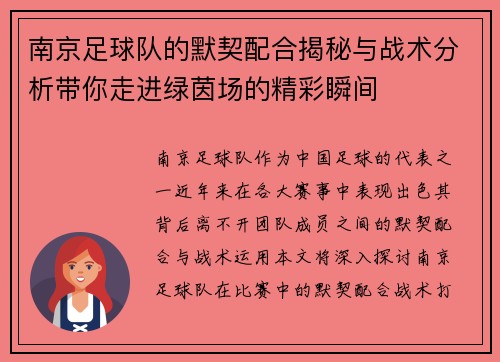 南京足球队的默契配合揭秘与战术分析带你走进绿茵场的精彩瞬间